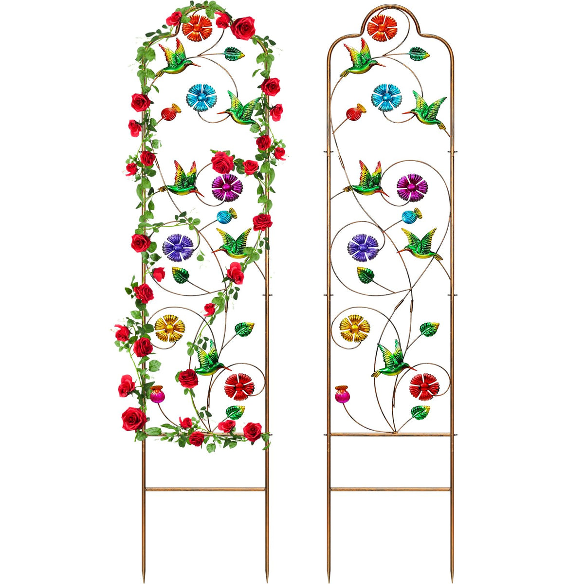 YADOOLIFE metal garden trellis arch with butterfly and hummingbird supports climbing plants.