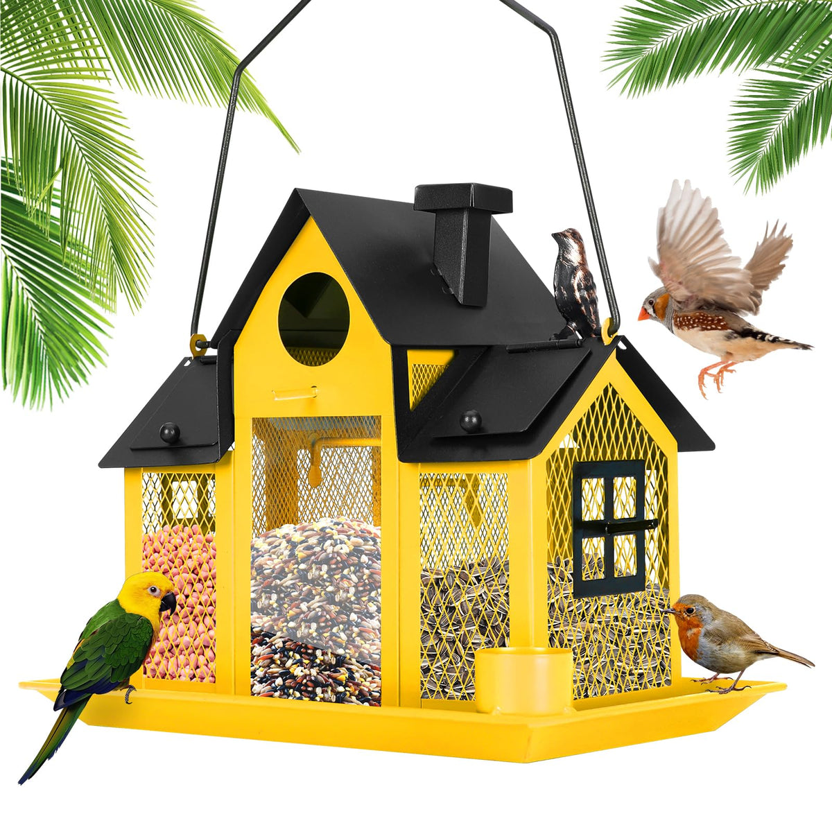 YADOOLIFE Solar Bird Feeder House outdoors attracts birds with 5-pound capacity.