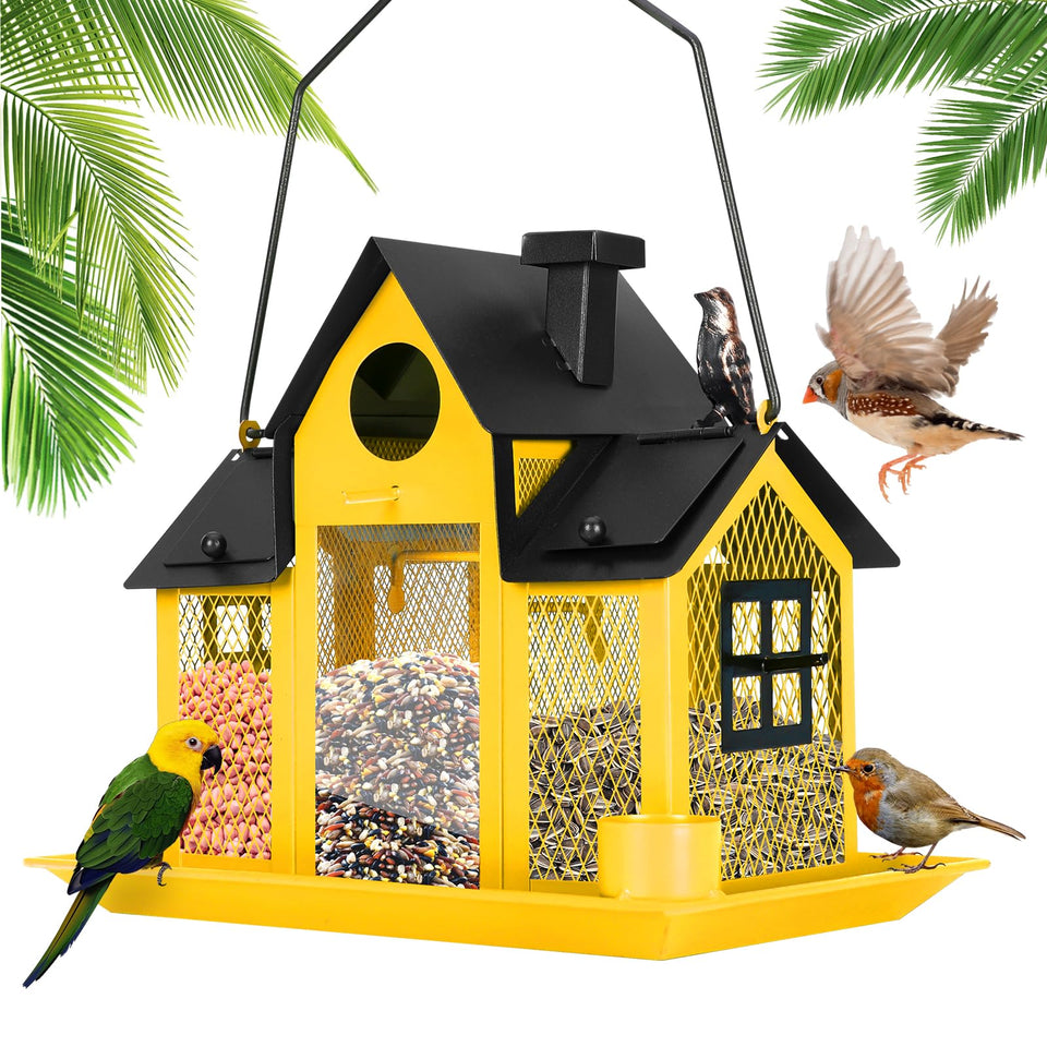 YADOOLIFE Solar Bird Feeder House outdoors attracts birds with 5-pound capacity.