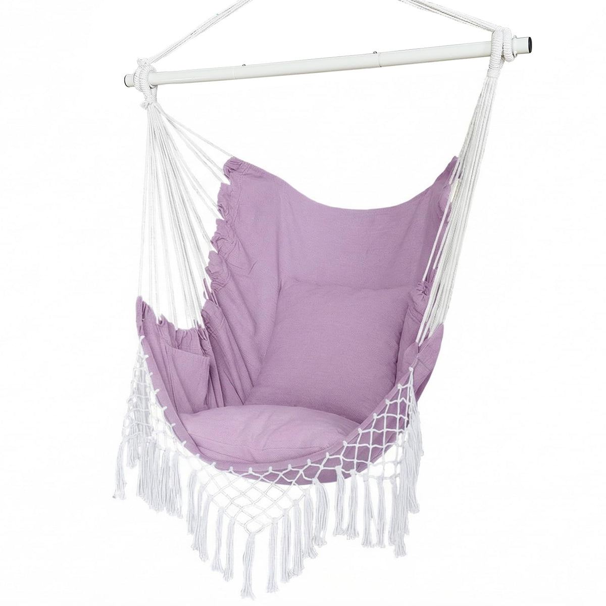 YAERSI Hammock Chair in light purple with cushions for cozy outdoor lounging