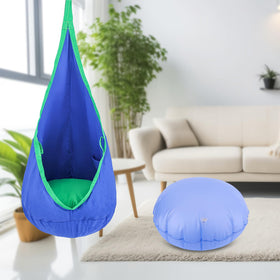YAERSI Pod Swing Cushion blue in-pack shot implies ready-to-use and easy care.