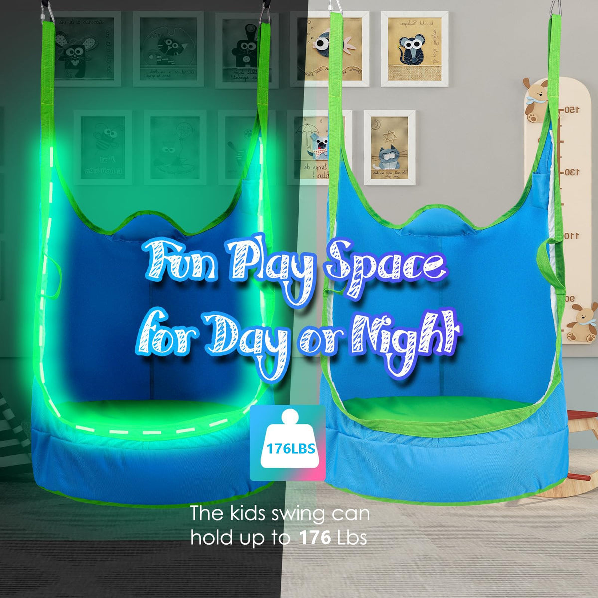 YAERSI pod swing chair installed indoors or outdoors for versatile play spaces