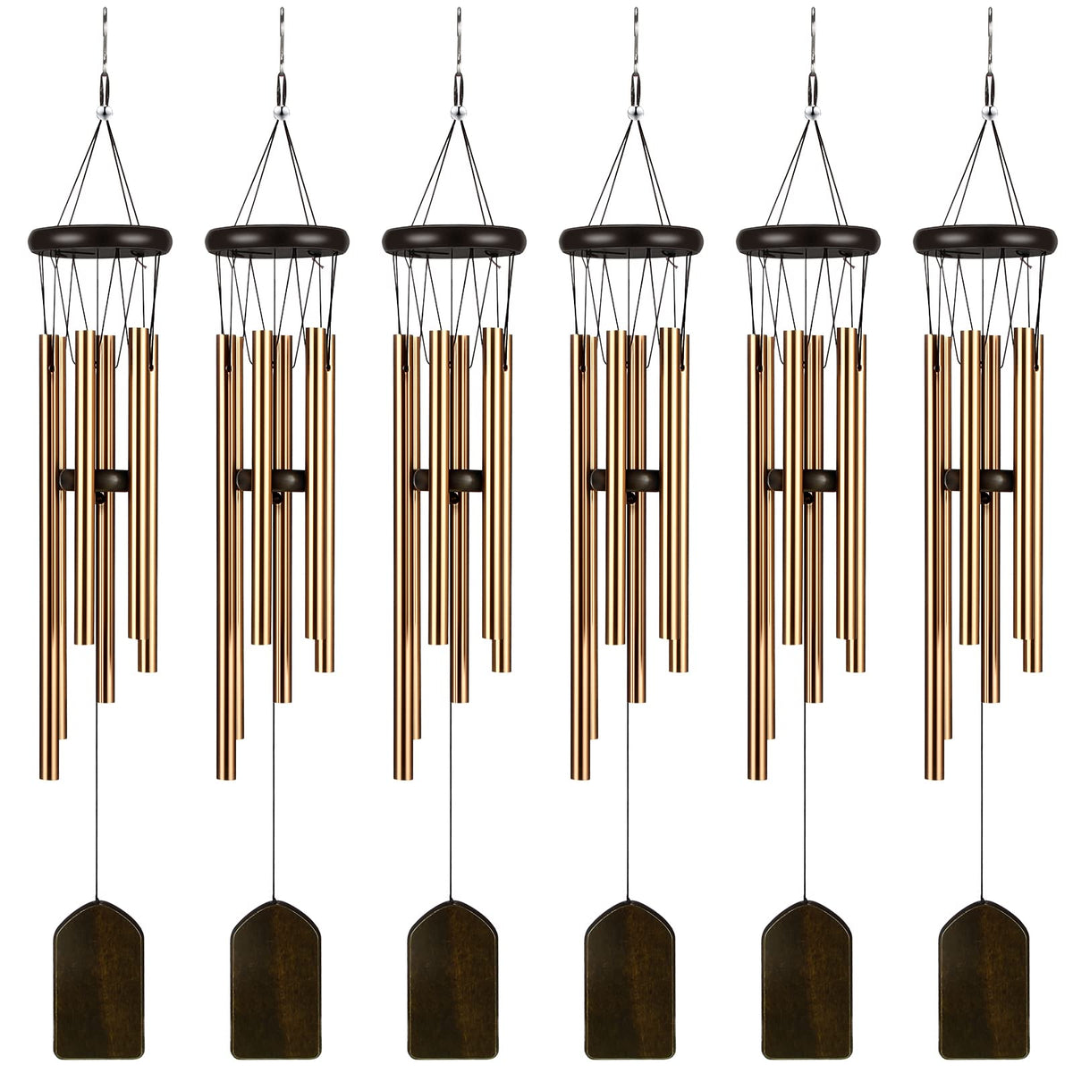 Yahenda wind chimes in garden display with six bronze tubes for serene outdoor ambience.