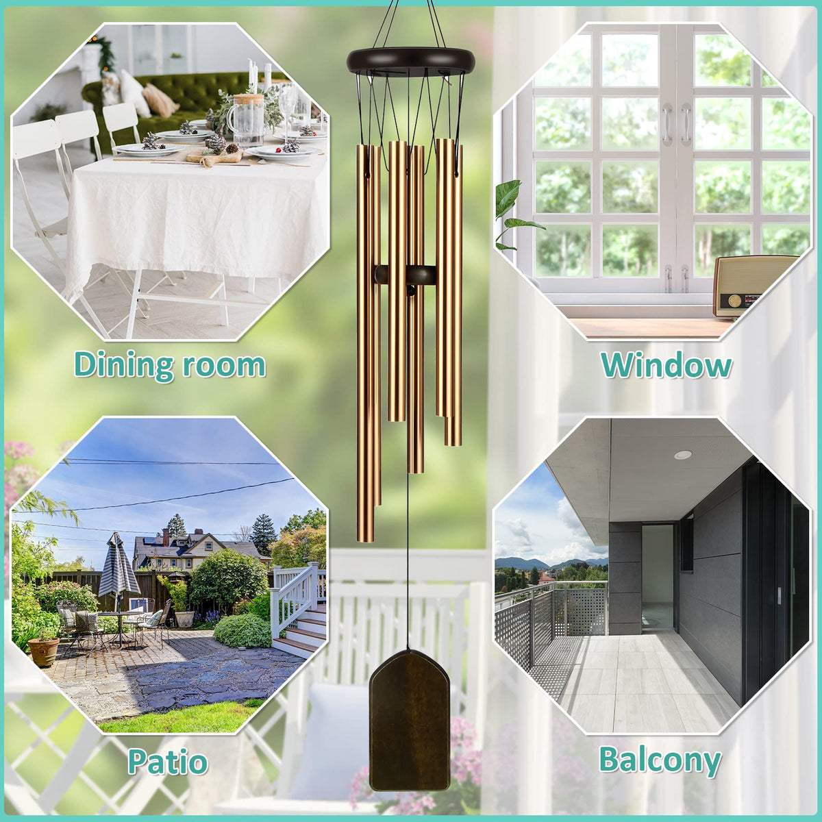 Yahenda wind chimes hung by windows or trees create soothing sounds.