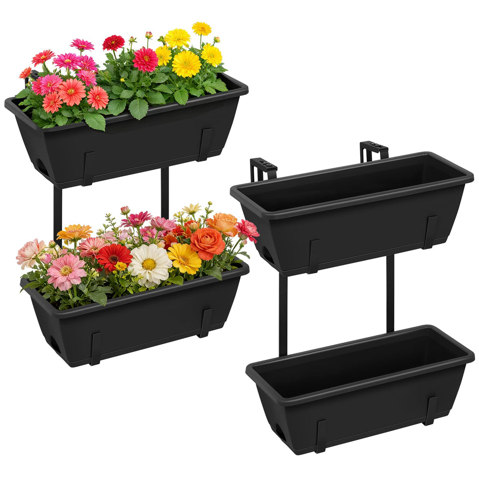 YAHKBTEN railing planter box 2-tier assembly shows adjustable fit for many railings.
