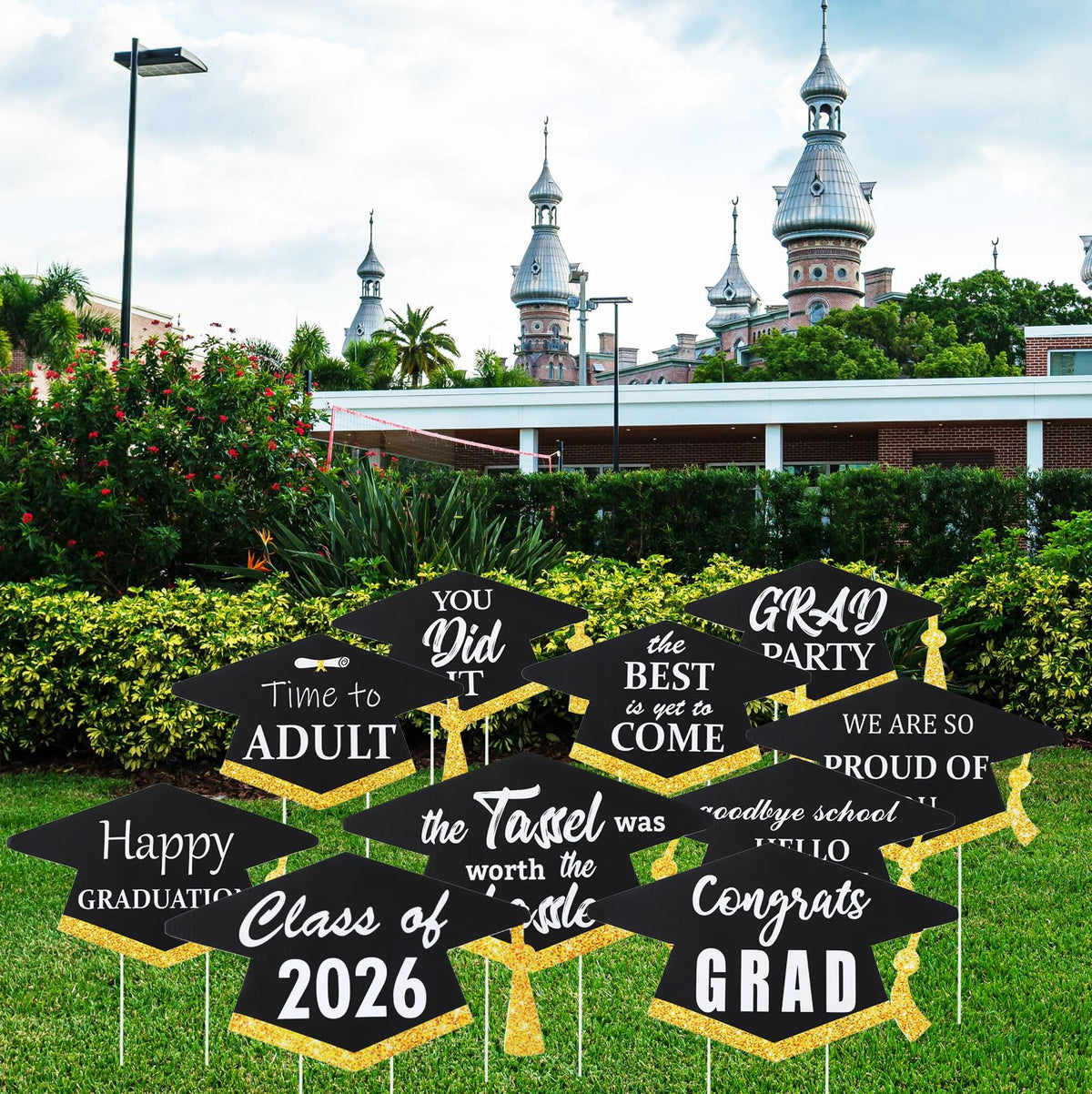 Yalikop black and gold graduation signs provide striking yard visibility
