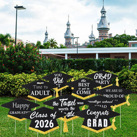 Yalikop black and gold graduation signs provide striking yard visibility