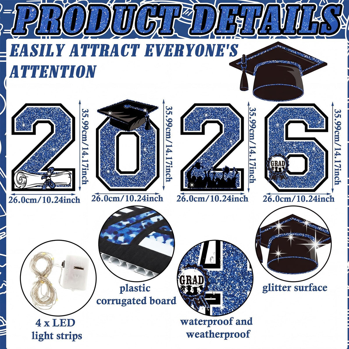 Yalikop graduation cap sign blue glow for standout photo moments