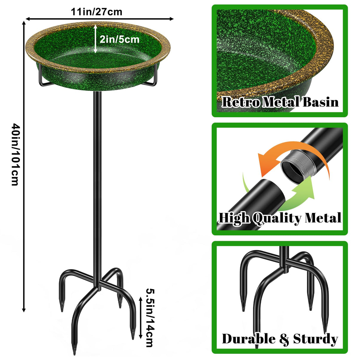 YALINKA 38in metal bird bath green stand provides stable garden presence