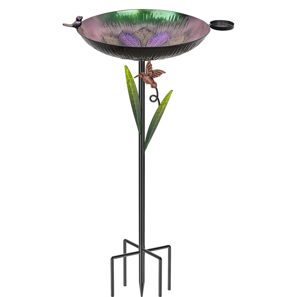 YALINKA 41.5-inch metal bird bath with detachable stake base for sturdy outdoor use.