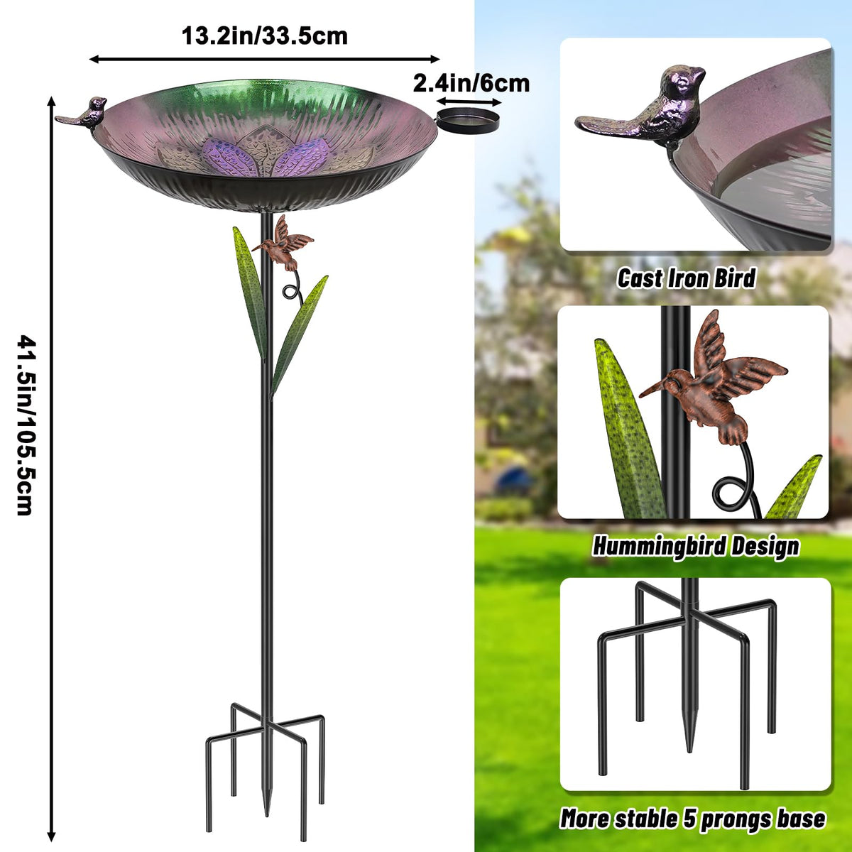 YALINKA bird bath bowl with decorative birds enhances garden ambiance and attracts visitors.