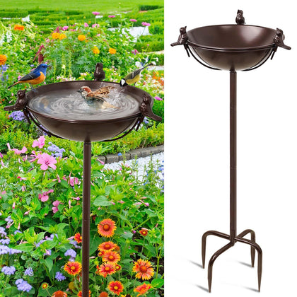 YALINKA birdbath with edge statues attracts visiting birds in the garden.