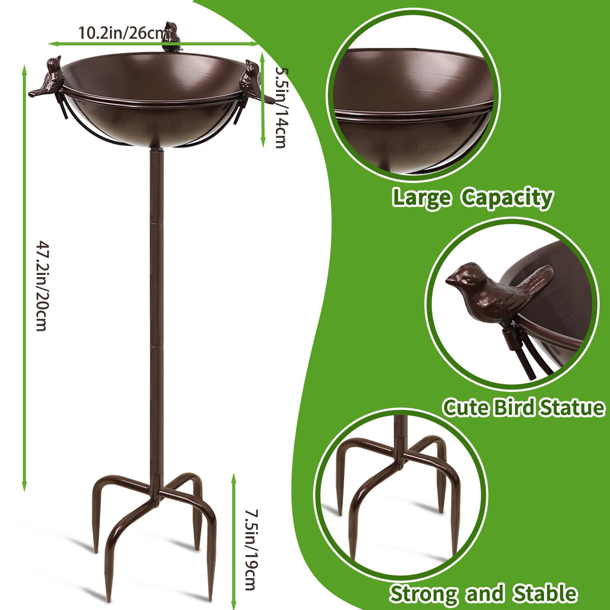 YALINKA birdbath metal stake setup stabilizes the decor against wind.