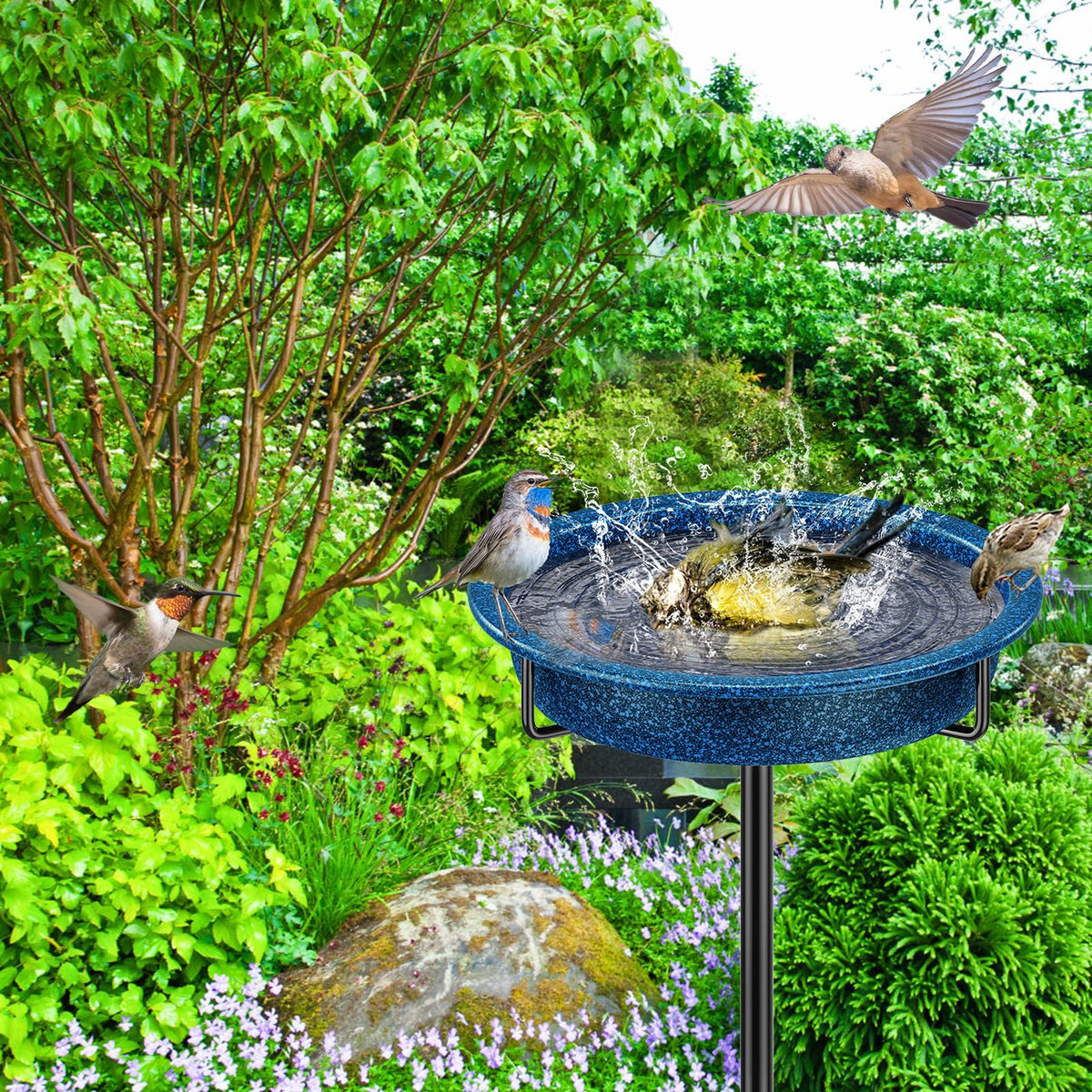 YALINKA freestanding birdbath bowl in blue suitable for drinking and bathing birds.