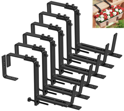 Y&M deck railing adjustable bracket supports 6–12.5 inch planters on a balcony.