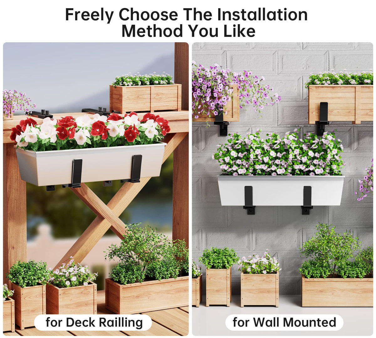 Y&M rail-mounted planter bracket installed on a fence for versatile outdoor display.