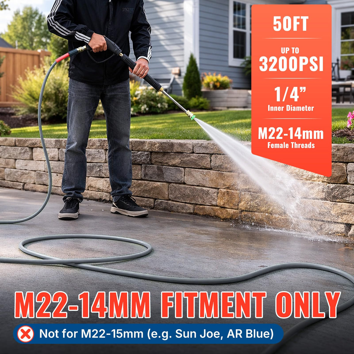 YAMATIC 3200psi kink-resistant hose for quick, tangle-free washing.
