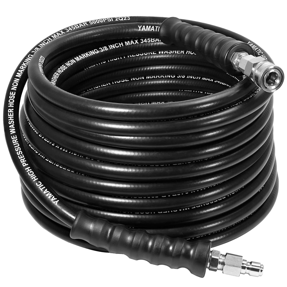 YAMATIC 38 pressure-washer hose with stainless connector, kink-resistant for smooth setups.