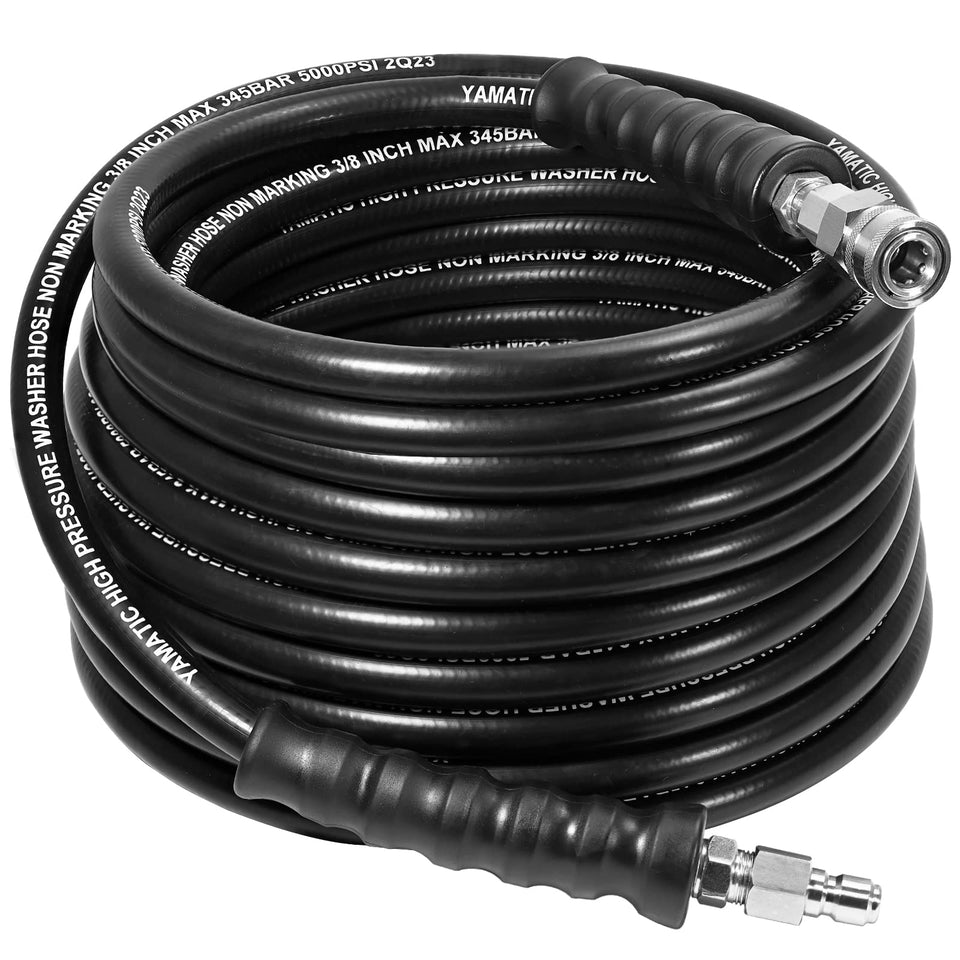 YAMATIC 38 pressure-washer hose with stainless connector, kink-resistant for smooth setups.
