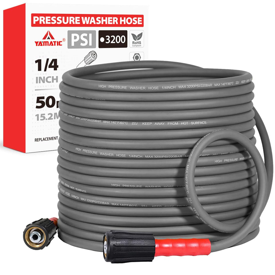 YAMATIC flexible pressure washer hose 50ft for easy car and patio cleaning.
