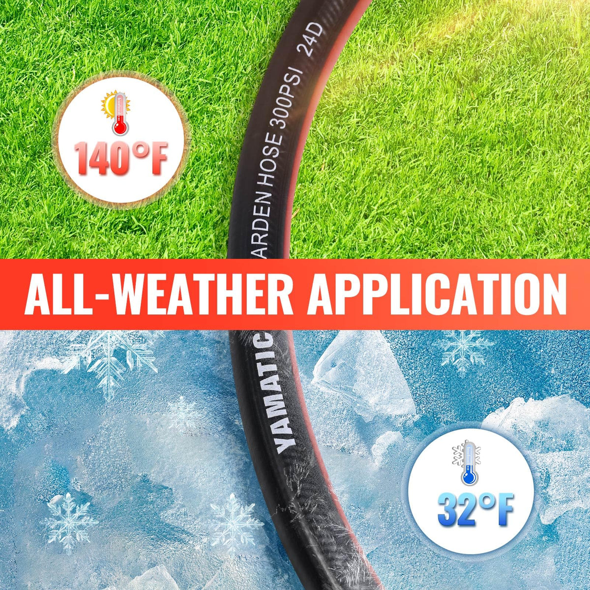 YAMATIC garden hose 75ft all-weather layer stays flexible in sun or cold.