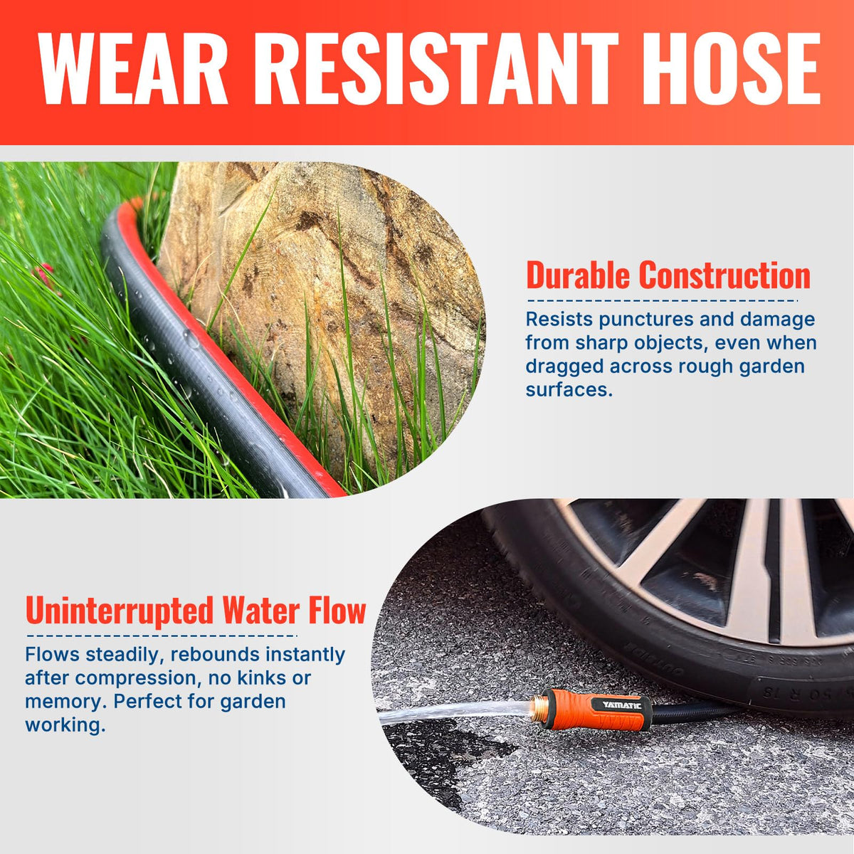 YAMATIC garden hose all-weather outer layer protects against sun damage