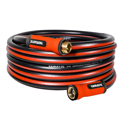 YAMATIC heavy-duty garden hose with a 360° swivel handle for effortless setup and tangle-free watering.
