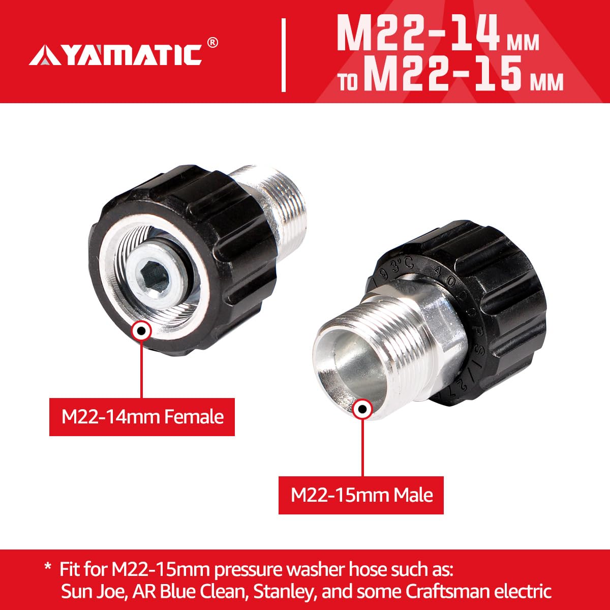 YAMATIC adapter supports up to 4500 PSI for gas and electric pressure washers