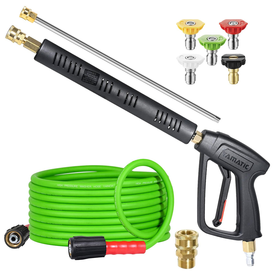 YAMATIC pressure washer gun with 360° swivel for smooth maneuverability and control.