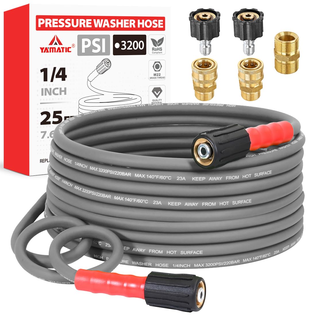 YAMATIC 25ft flexible hose offers kink-free maneuvering around vehicles.