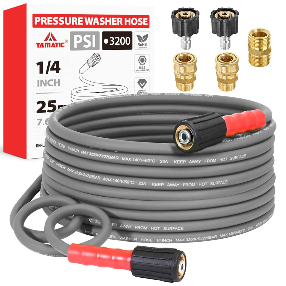 YAMATIC 25ft flexible hose offers kink-free maneuvering around vehicles.