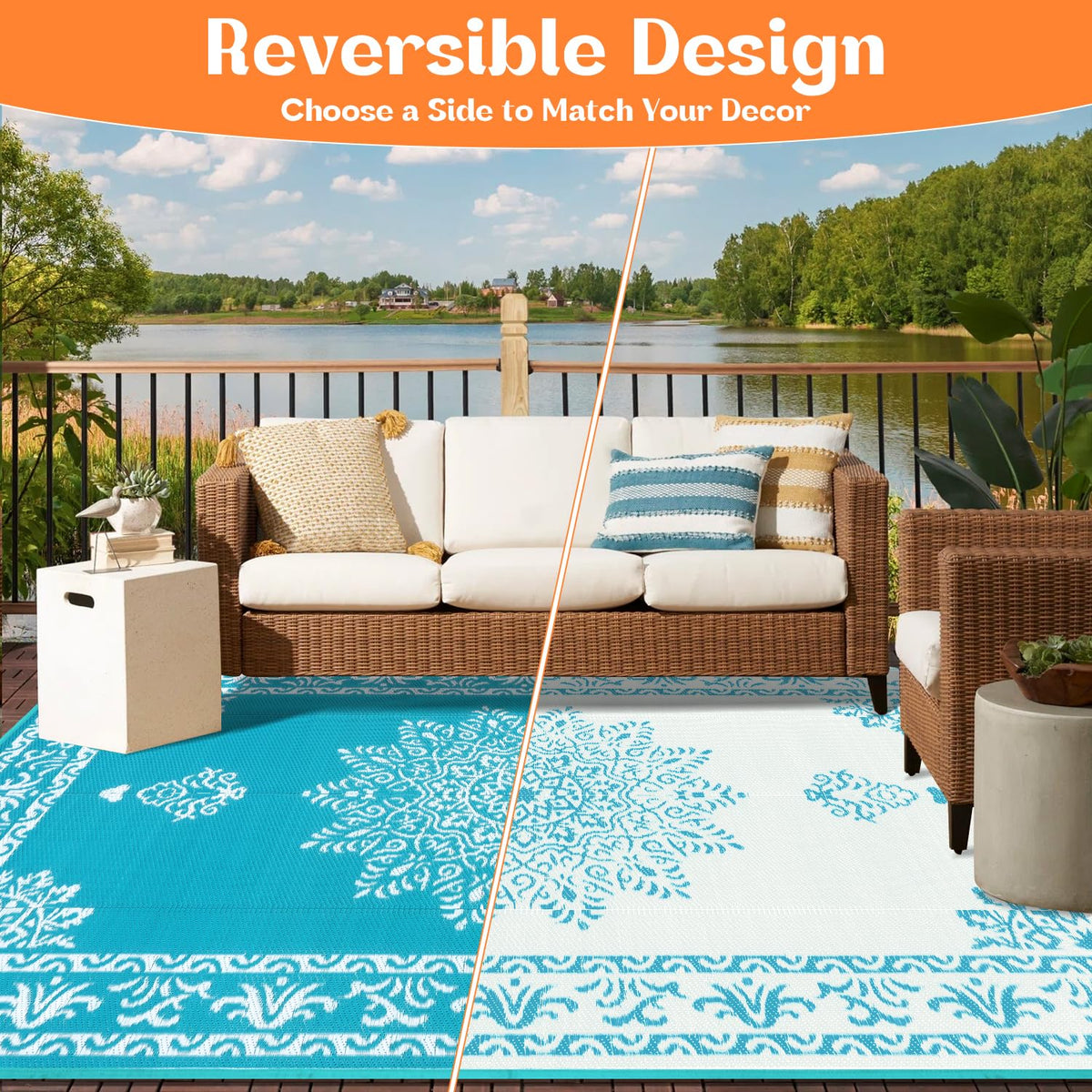 Yamaziot boho reversible rug showing two patterns for easy styling.
