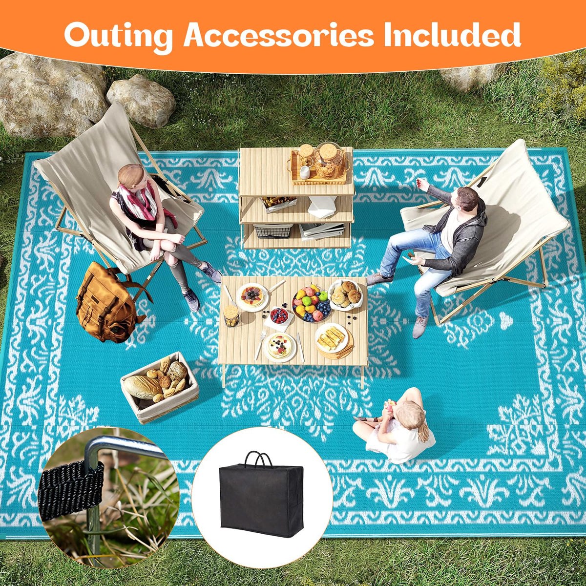 Yamaziot rug includes corner loops and stakes for secure placement.