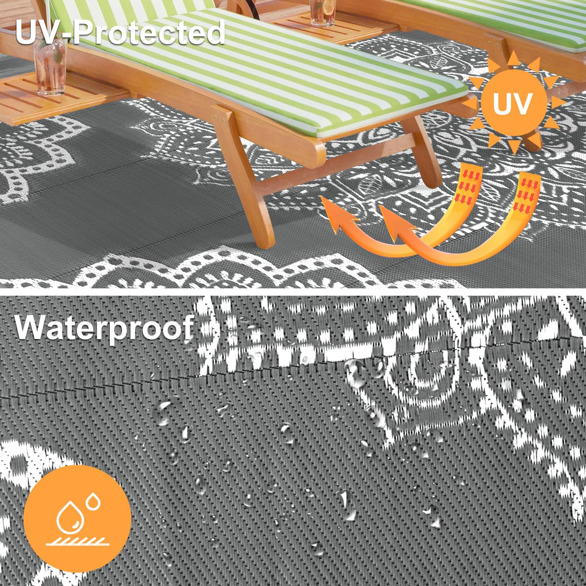 Yamaziot lightweight outdoor rug that folds compactly for storage and transport.