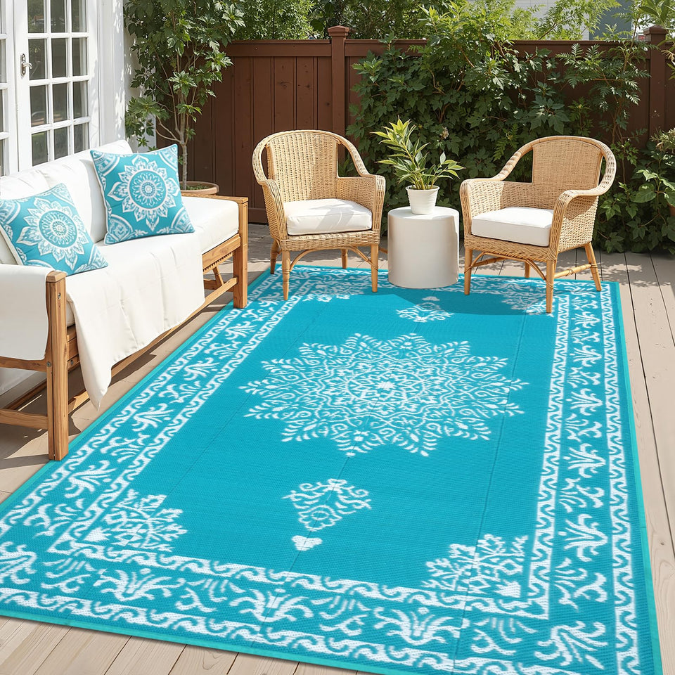Yamaziot 6x9 ft outdoor rug in teal for patio, waterproof and durable.