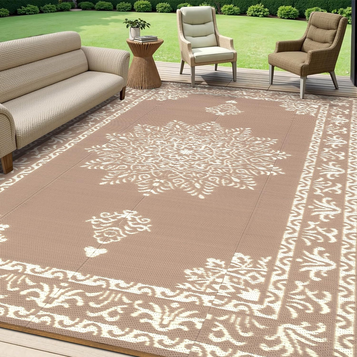 Yamaziot outdoor rug 8x10 on patio with boho design and durable materials