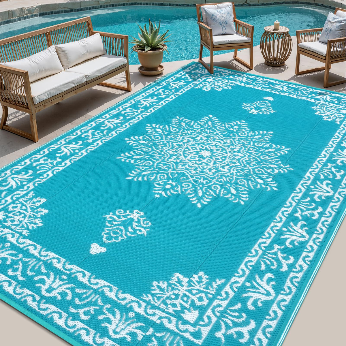 Yamaziot outdoor rug 9x12 teal with reversible boho design for patios.