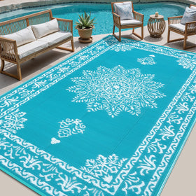 Yamaziot outdoor rug 9x12 teal with reversible boho design for patios.