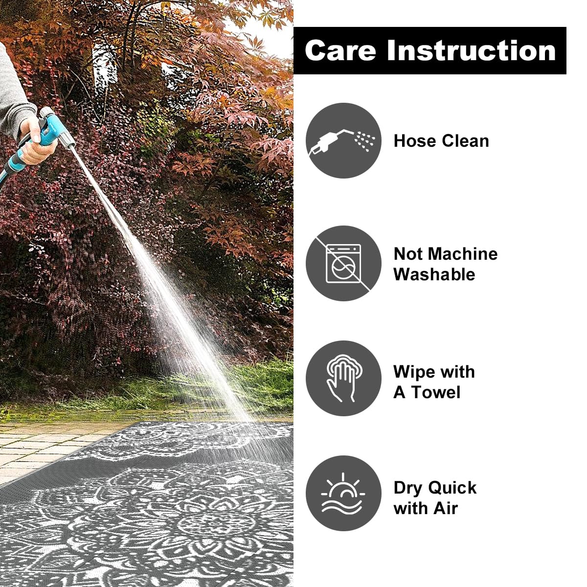 Yamaziot polypropylene breathable deck rug protects surfaces.