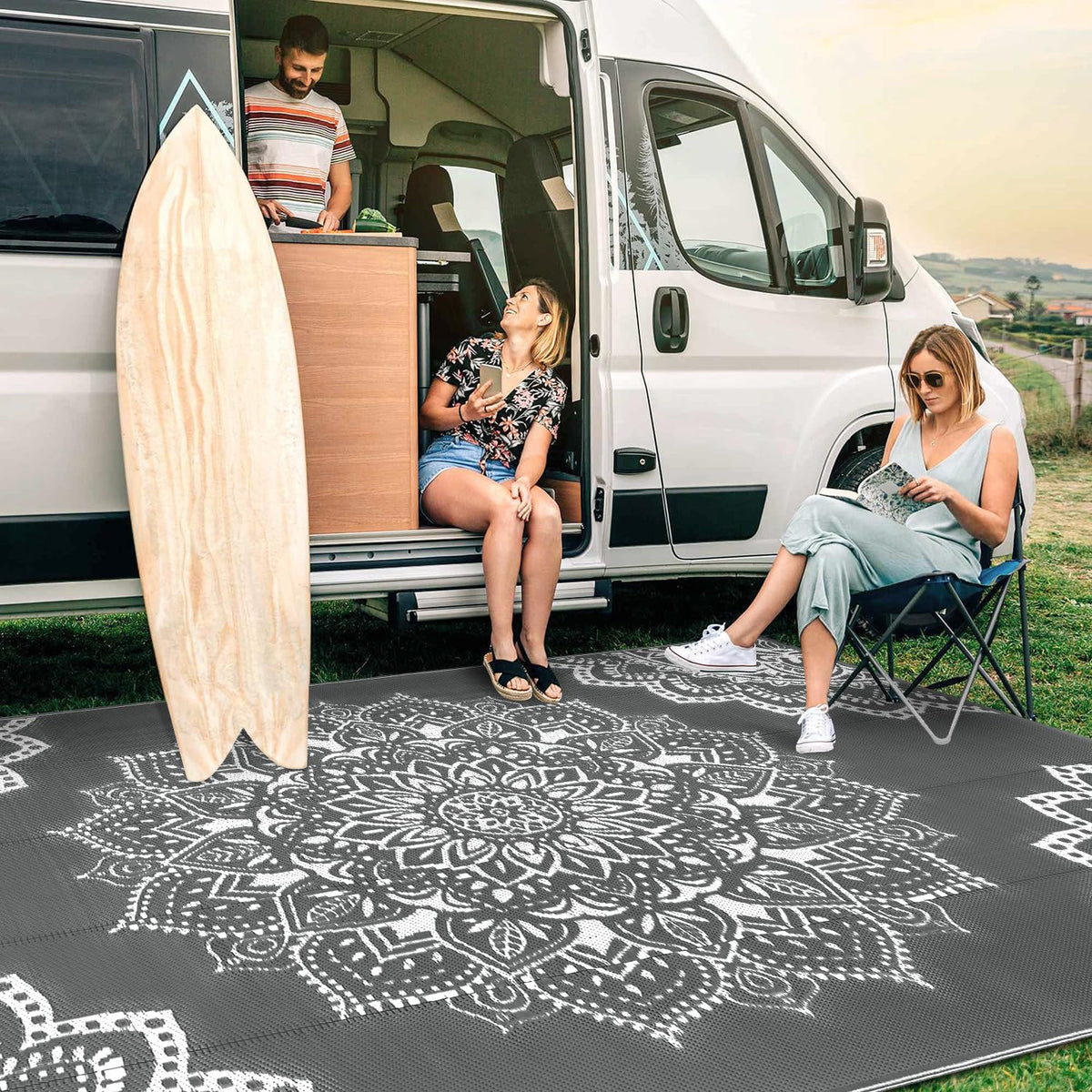 Yamaziot portable outdoor rug suitable for camping, picnics, and RV trips.
