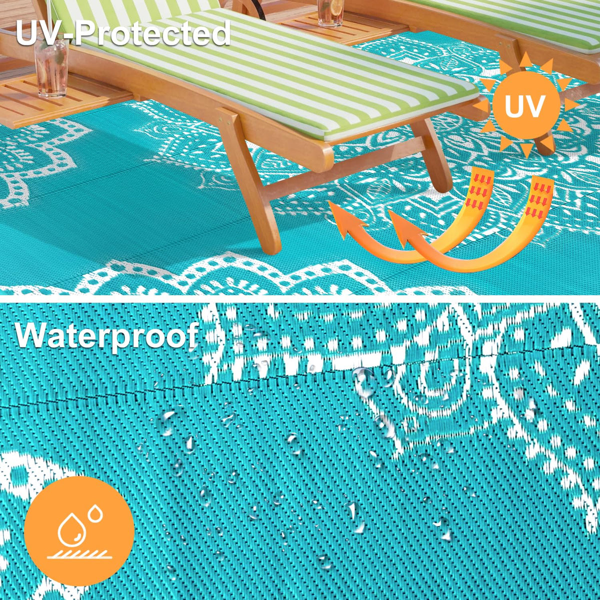 Yamaziot stain-resistant outdoor rug, easy to clean after spills.
