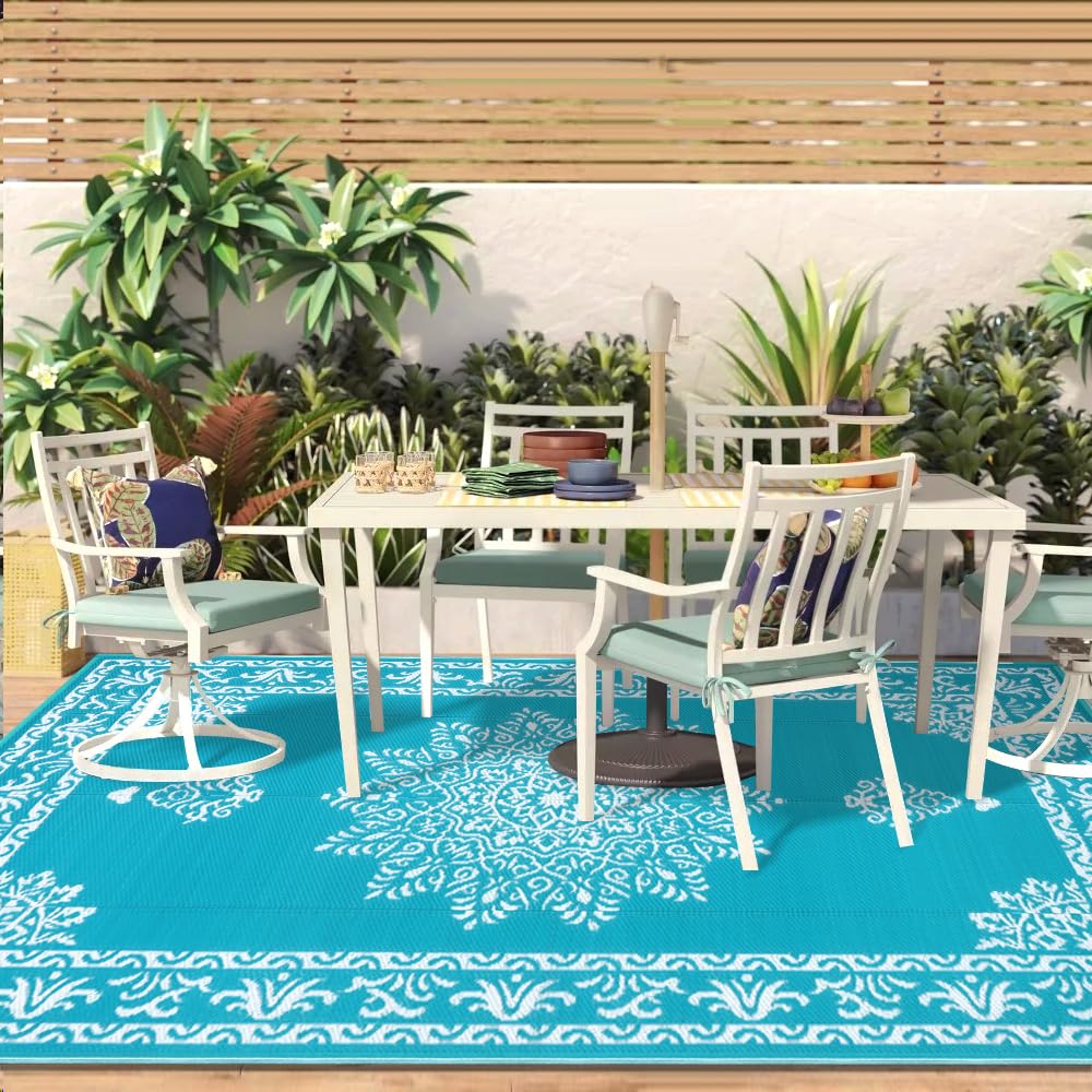 Yamaziot teal rug protects outdoor surfaces while adding color.