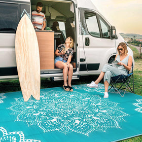 Yamaziot versatile outdoor mat for patio, deck, RV, and picnic blue.