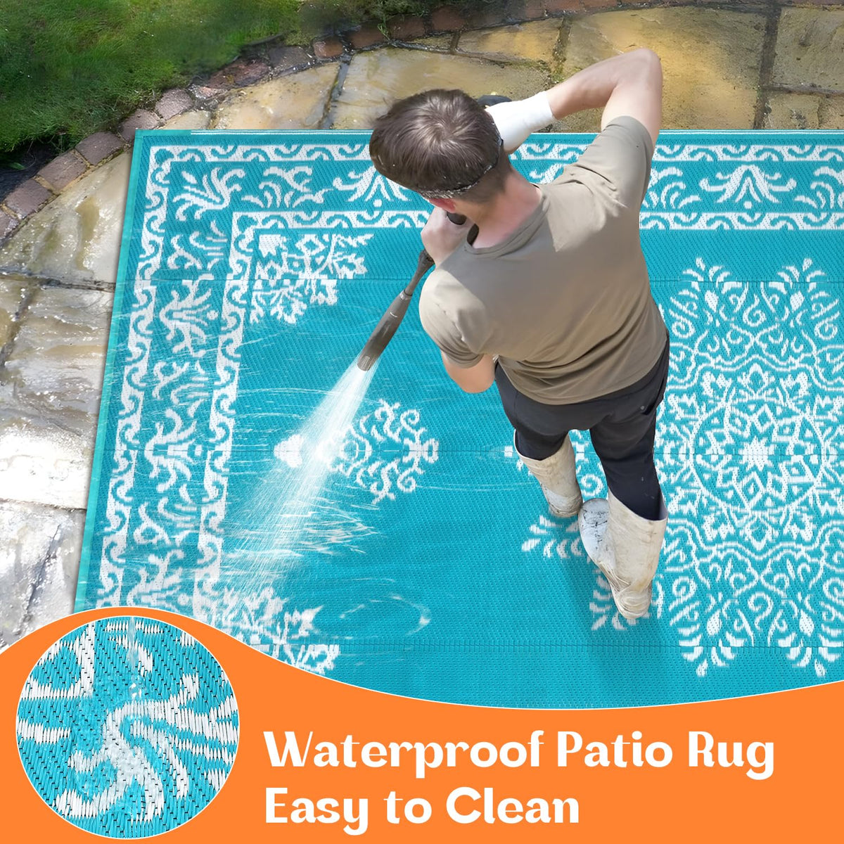 Yamaziot waterproof rug cleans easily after outdoor gatherings.