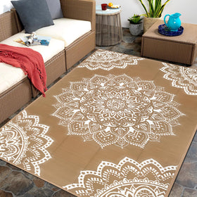 Yamaziot waterproof outdoor rug 5x8 brown on patio adds durable comfort and easy maintenance.