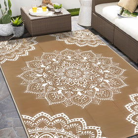 Yamaziot waterproof outdoor rug in brown, ideal for patios and decks.