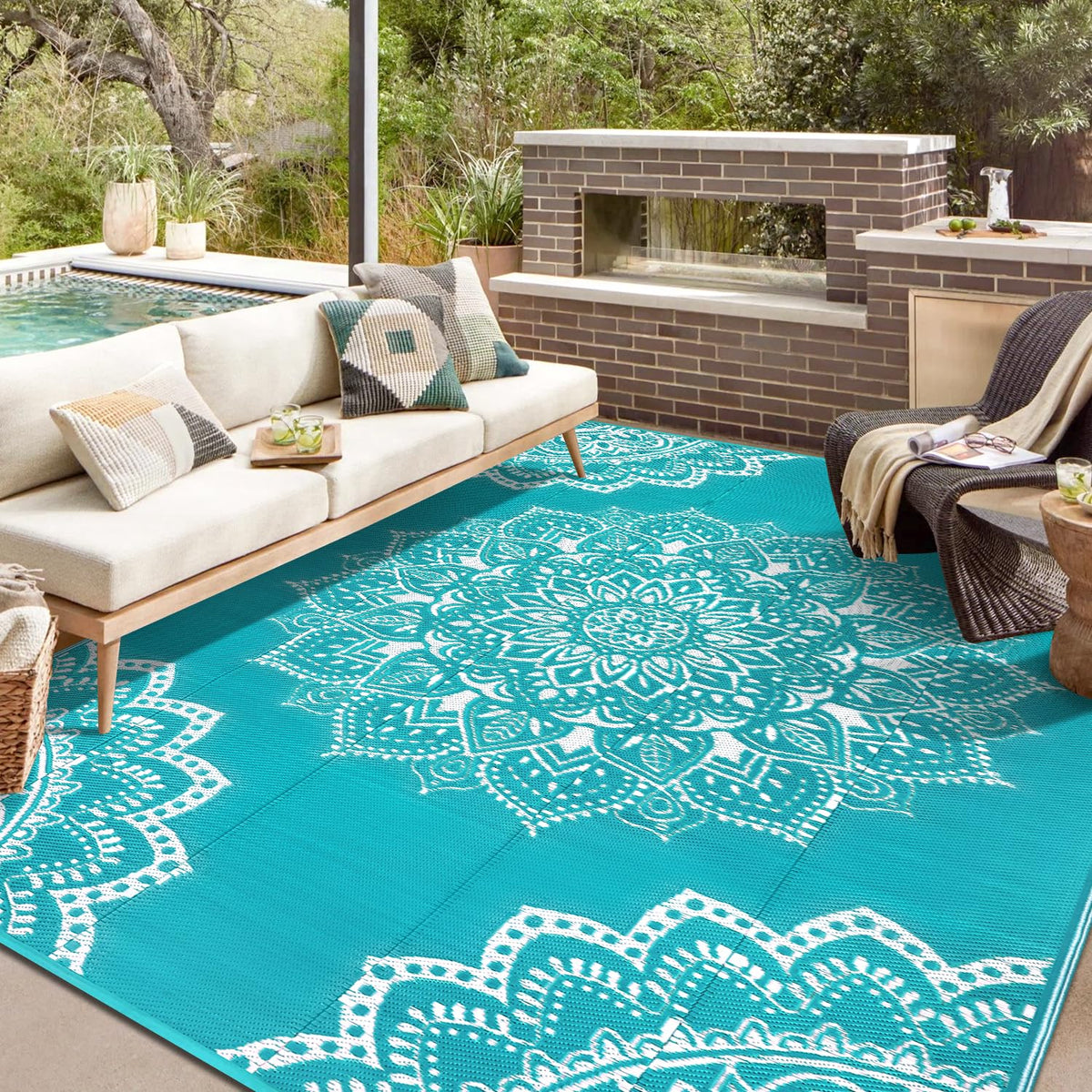 Yamaziot waterproof outdoor rug blue 8x10, ideal for patios and decks.