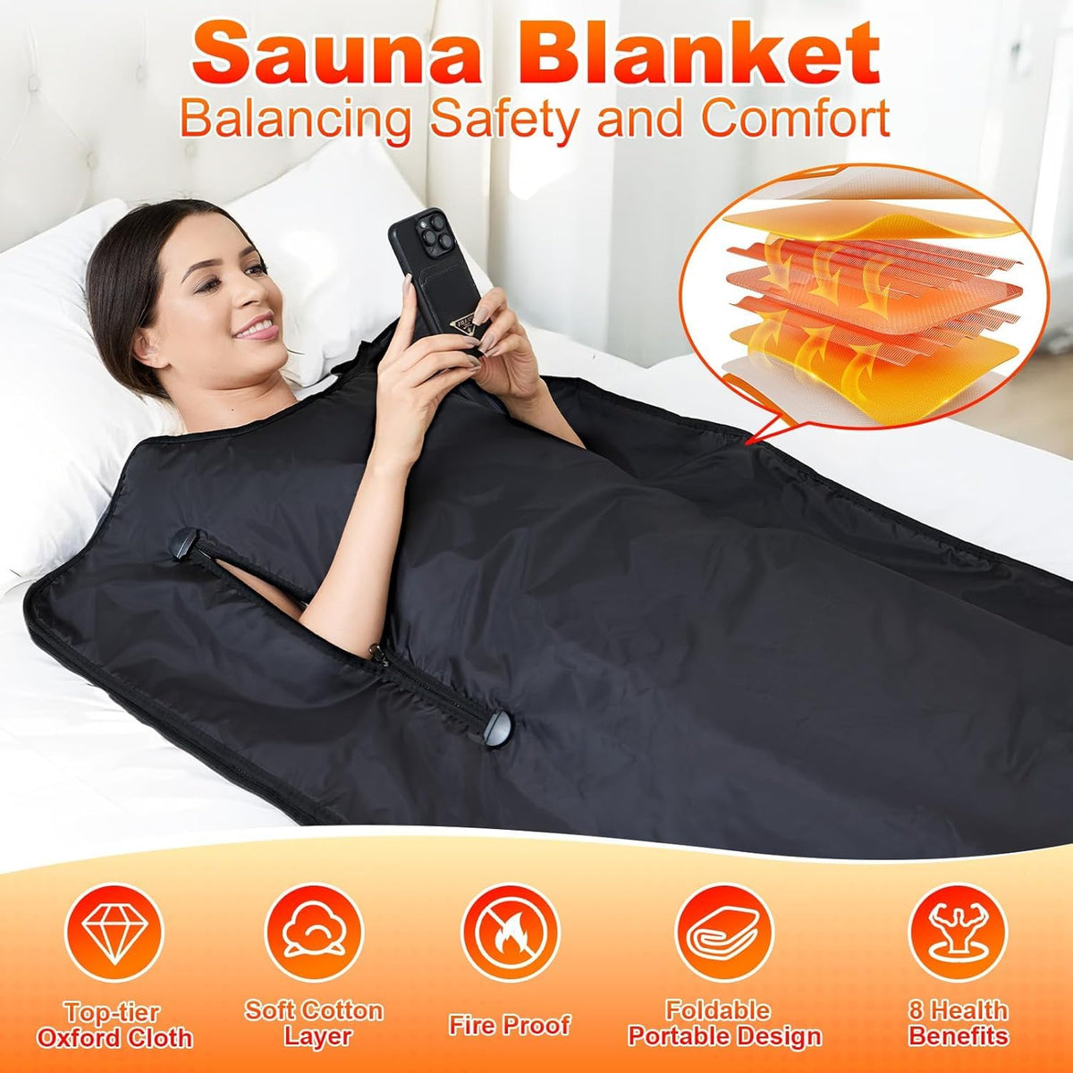 yamxun foldable sauna blanket shown with carry bag for easy storage.