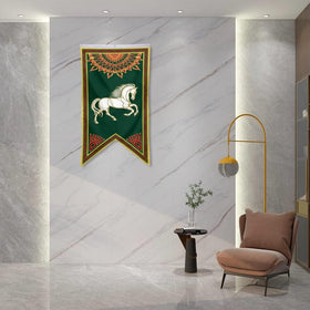 Yanbooch Lotr Rohan banner flag, room setup view, creates dramatic centerpiece for gatherings