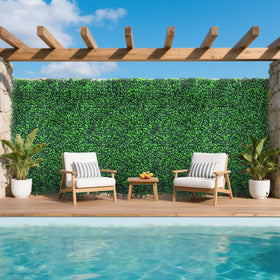 Yangrass Boxwood Roll Panel full view outdoors showing realistic greenery for privacy.